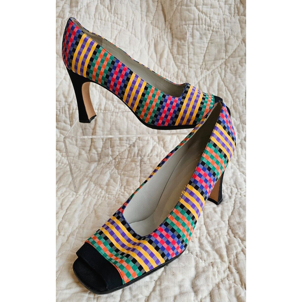 Vintage DELMAN Womens Pumps Red Green Purple Color Plaid RARE Peep Toe Sz 10M‎